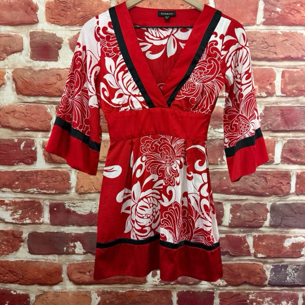 Bebe Dress Women's XS Red Multicolor Floral Double Textures Casual Zip Up - Picture 5 of 7